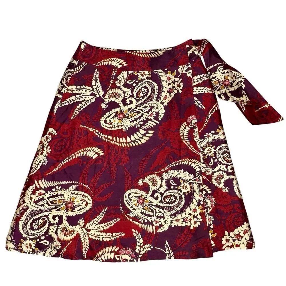 Talbots 6 100% Silk Burgundy Red Paisley Batik KneeLength A-line Wrap Tie Skirt